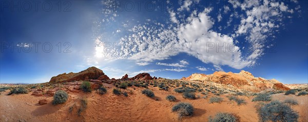 360 panorama of the red sandstone formations at Rainbow Vista sky with cloudy sky