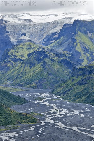View from Mt Valahnukur to the Thorsmork with the glacial river Krossa