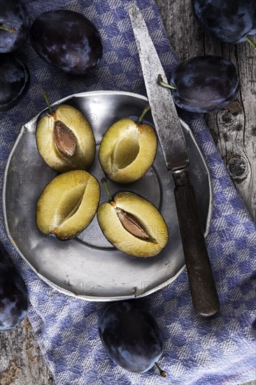 Fresh plums (Prunus domestica) on a tin plate