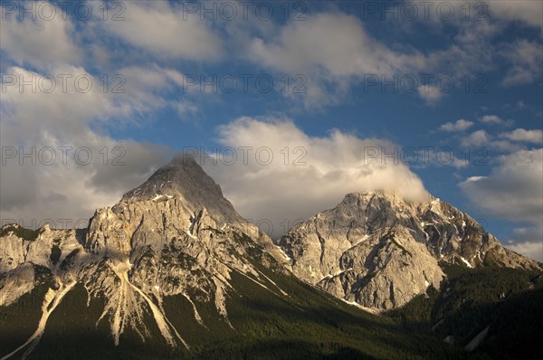 Ehrwalder Sonnenspitze Mountain and Gruenstein Mountain in the evening light