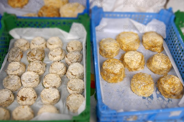 Goat soft cheese on a market stall