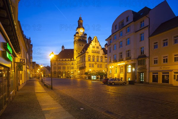 Obermarkt market square with the Town Hall at dusk