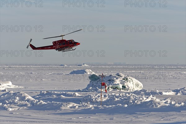 Helicopter lands on the helipad of Qeqertarsuaq