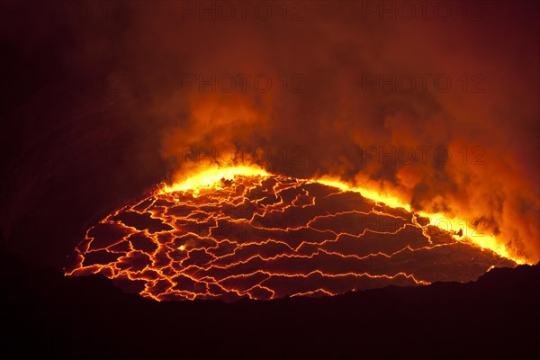 Boiling lava lake in the crater of Mount Nyiragongo volcano