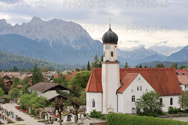 Parish Church of St. James in front of the Karwendel Mountains