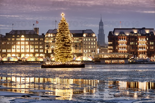 Binnenalster or Inner Alster Lake with a Christmas tree and Jungfernstieg