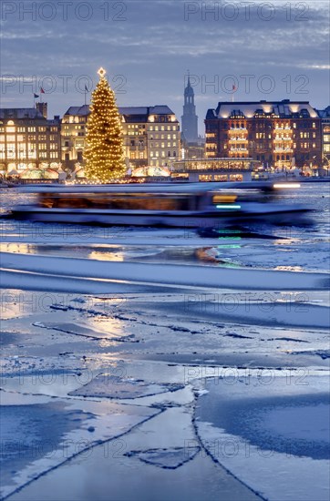 Binnenalster or Inner Alster Lake with a Christmas tree and Jungfernstieg