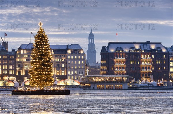 Binnenalster or Inner Alster Lake with a Christmas tree