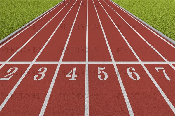 Starting line of a running track with eight lanes