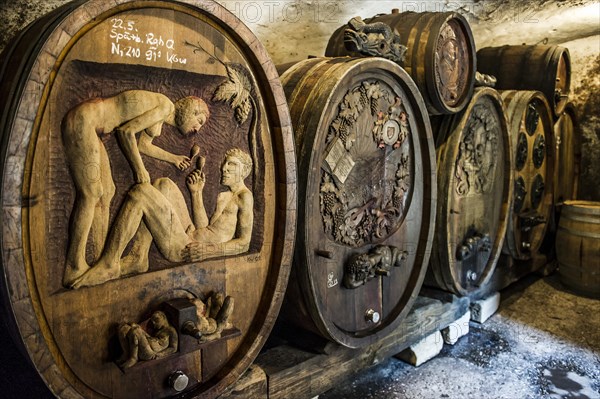 Ornately carved wine barrels