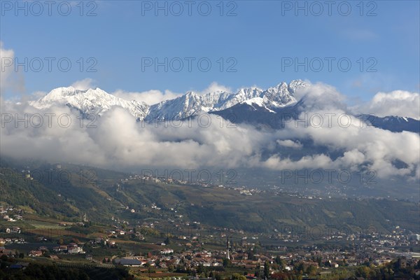 View from Marlinger Waalweg over Merano towards the mountains of Merano 2000