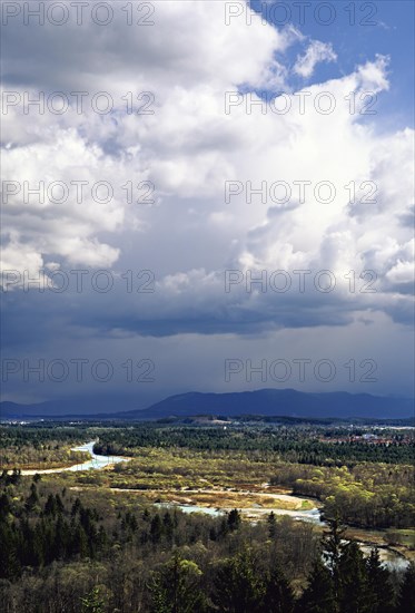 View from the high banks of 'Weisse Wand' or 'White Wall' over the Isar River towards the mountains of the Isarwinkel