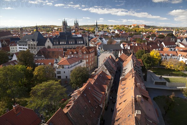 View of Kraemerbruecke bridge and the city as seen from the steeple of Aegidienkirche church