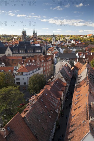 View of Kraemerbruecke bridge and the city as seen from the steeple of Aegidienkirche church