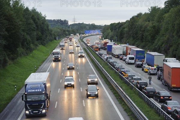 Traffic jam after a massive traffic accident on the A8 motorway where a truck crushed a car