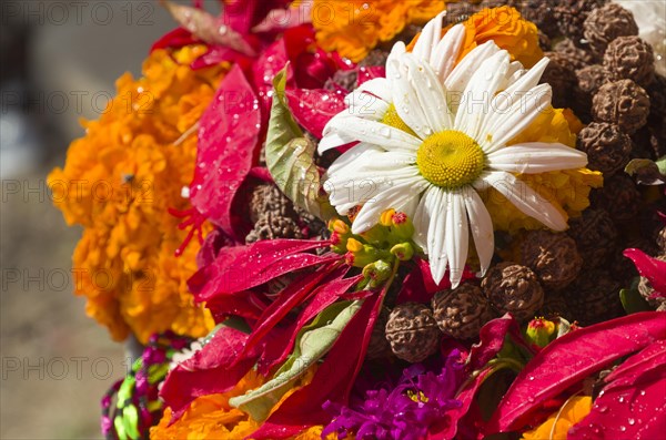 Flowers and a mala as offerings to the gods