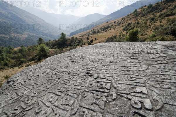 Om mani padme hum' mantra carved in a big rock