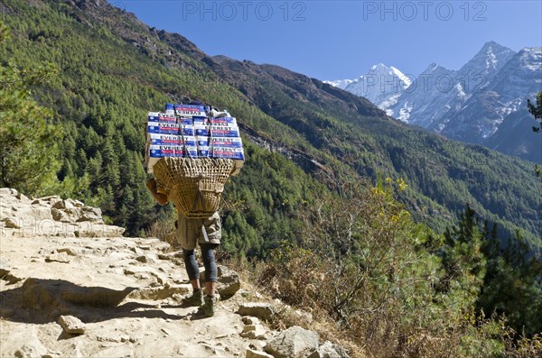 Porter carrying more than 100 kg heavy load of beerbottles up an ascending track