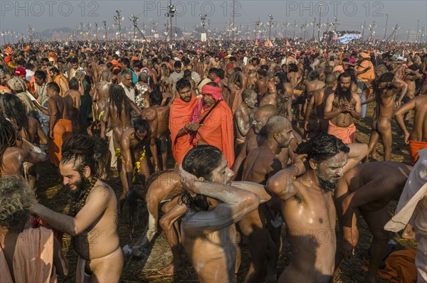 Crowds of naked Naga sadhus