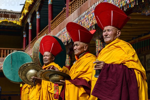 Monks making music as part of the opening ceremony of the Hemis Festival