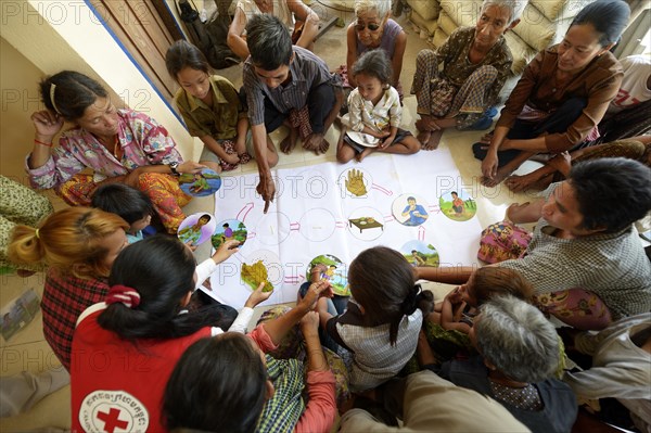 Villagers participating in hygiene training run by a charity organisation using illustrations to display causes and consequences of poor hygiene