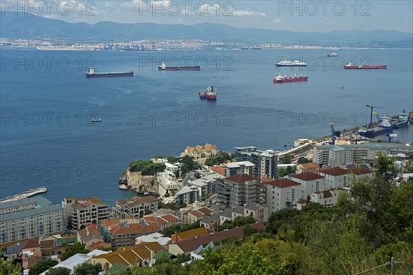 View over the roadstead in front of the harbor of Gibraltar and the Bay of Algeciras
