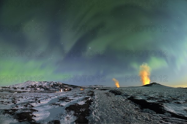 Aurora and geothermal power plant on Krafla Mountain