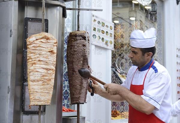 Doner food stand with lamb kebab and chicken kebab