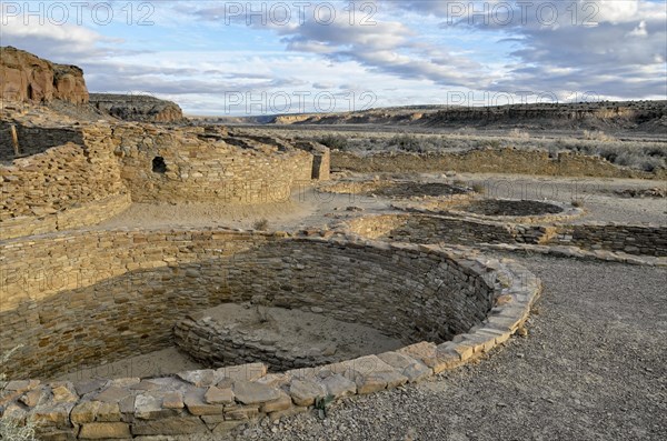 Remains of walls Ruins of the walls of houses and kivas in the evening sun