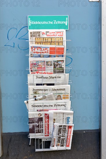 Magazine rack with German and Turkish newspapers