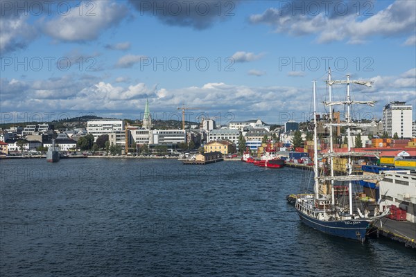 Harbour of Kristiansand with a sailing ship