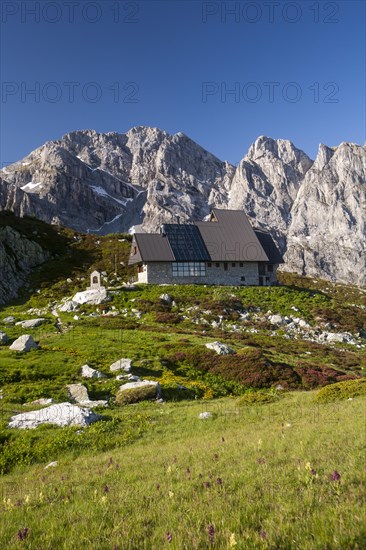 Rifugio Garelli mountain hut in front of the northern face of Punta Marguareis Mountain