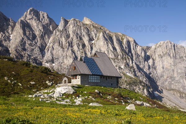 Rifugio Garelli mountain hut in front of the northern face of Punta Marguareis Mountain