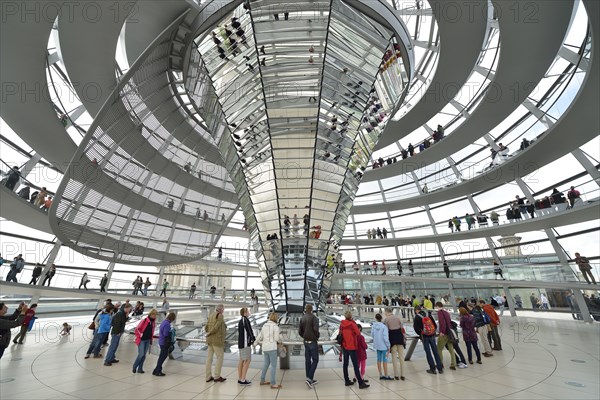 Visitors in the interior with the mirrored central column of the dome of the Reichstag Building