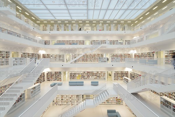 Gallery hall with steps of the Stuttgart City Library on Mailaender Platz square