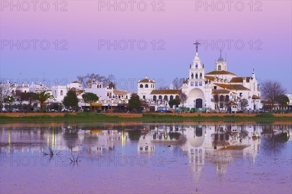 El Rocio village and Ermita del Rocio hermitage at sunset