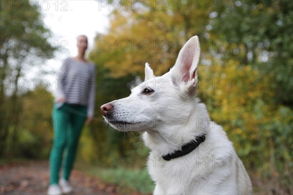 Woman outdoors with a dog on a leash