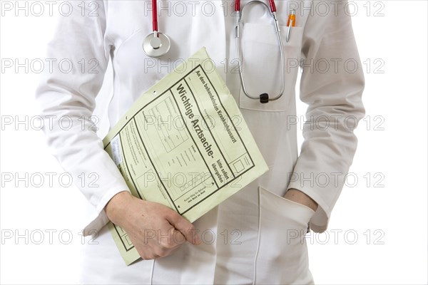 Female doctor holding a medical document of a consultation for the family doctor or attending physician of the patient