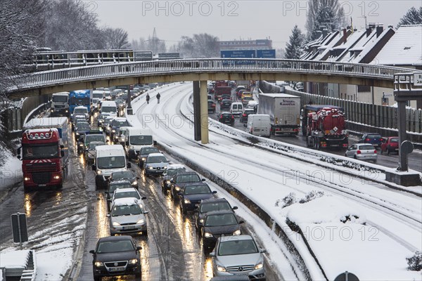 Traffic jam on the A40 motorway in winter