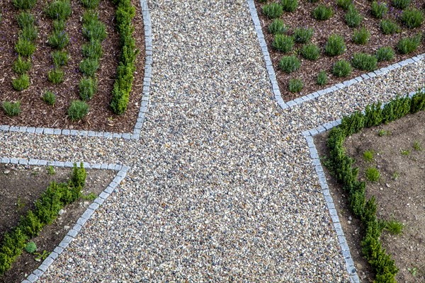 Crossroads of graveled paths in an ornamental garden