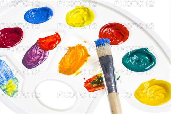 Paint palette with various acrylic paints and a brush