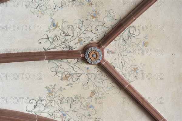 Gothic cross-ribbed vault with floral frescoes in the chapter house of Eberbach Abbey