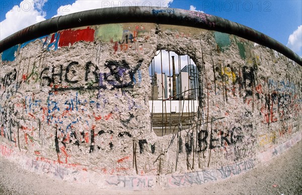 View of the perforated Berlin Wall from the West