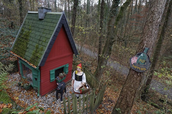 Red Riding Hood and the Big Bad Wolf in front of a cabin in the woods