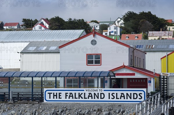 Welcome sign 'Welcome to the Falkland Islands' at the Tourist Information centre