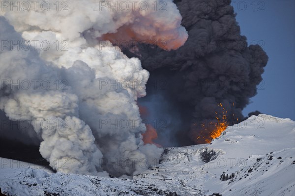 Cloud of ash from Eyjafjallajoekull volcano and a vapour cloud from lava flow in the Gigjoekull glacier tongue