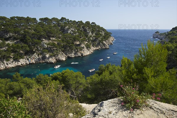 Boats in the rocky bay Calanque de Port-Pin