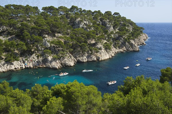 Boats in the rocky bay Calanque de Port-Pin