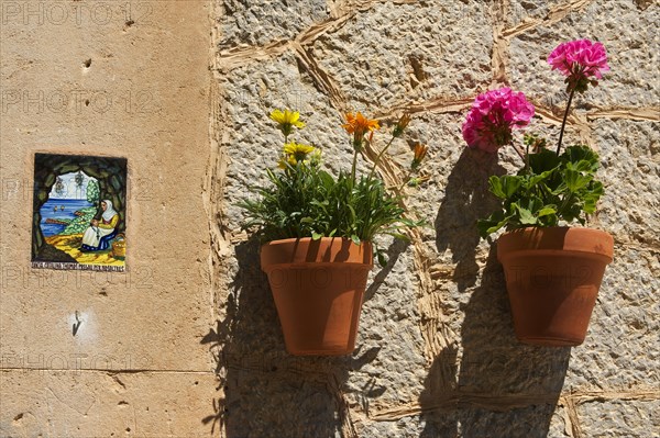 Holy image and a flower pots on a house wall