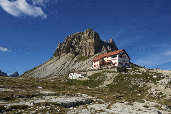 Dreizinnenhuette or Three Peaks Alpine hut with Toblinger Knoten Mountain